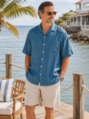 Tommy Bahama 100% Linen Camp Shirt Large Tall Blue Resort Island Button Up